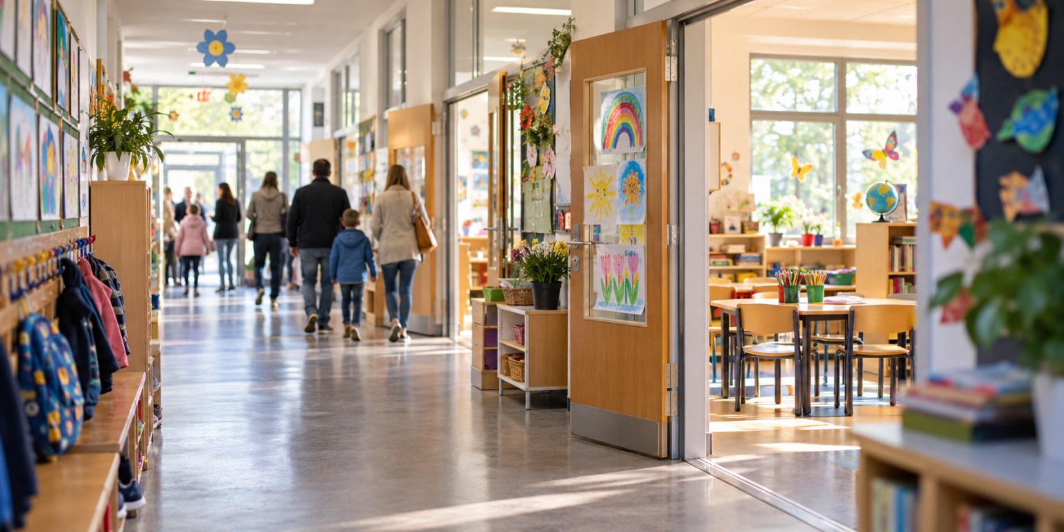 Heller Flur einer Grundschule am Tag der offenen Tür mit Familien