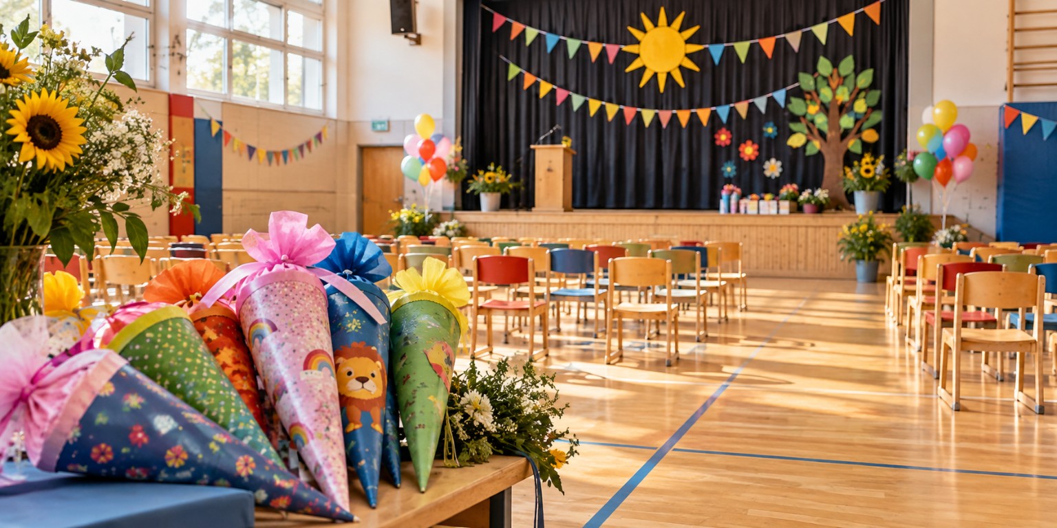 Festlich geschmückte Turnhalle mit Schultüten zur Einschulungsfeier