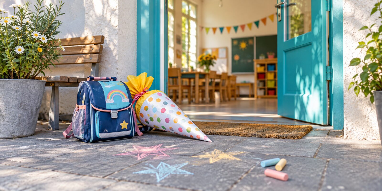 Schulranzen und Schultüte vor dem Eingang einer Grundschule