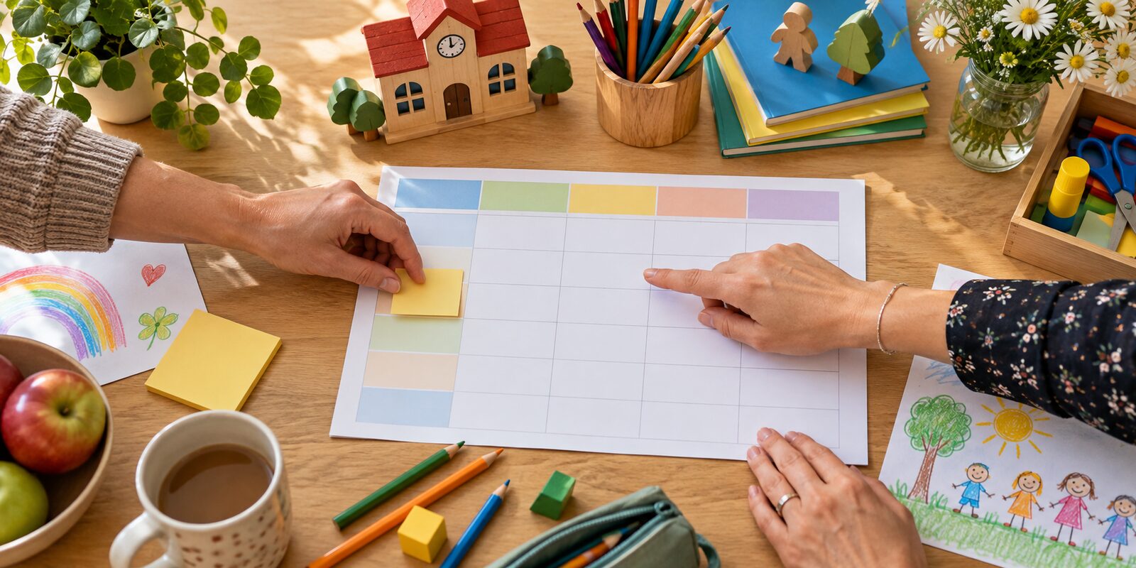 Eltern und Lehrkraft planen gemeinsam den Schulalltag