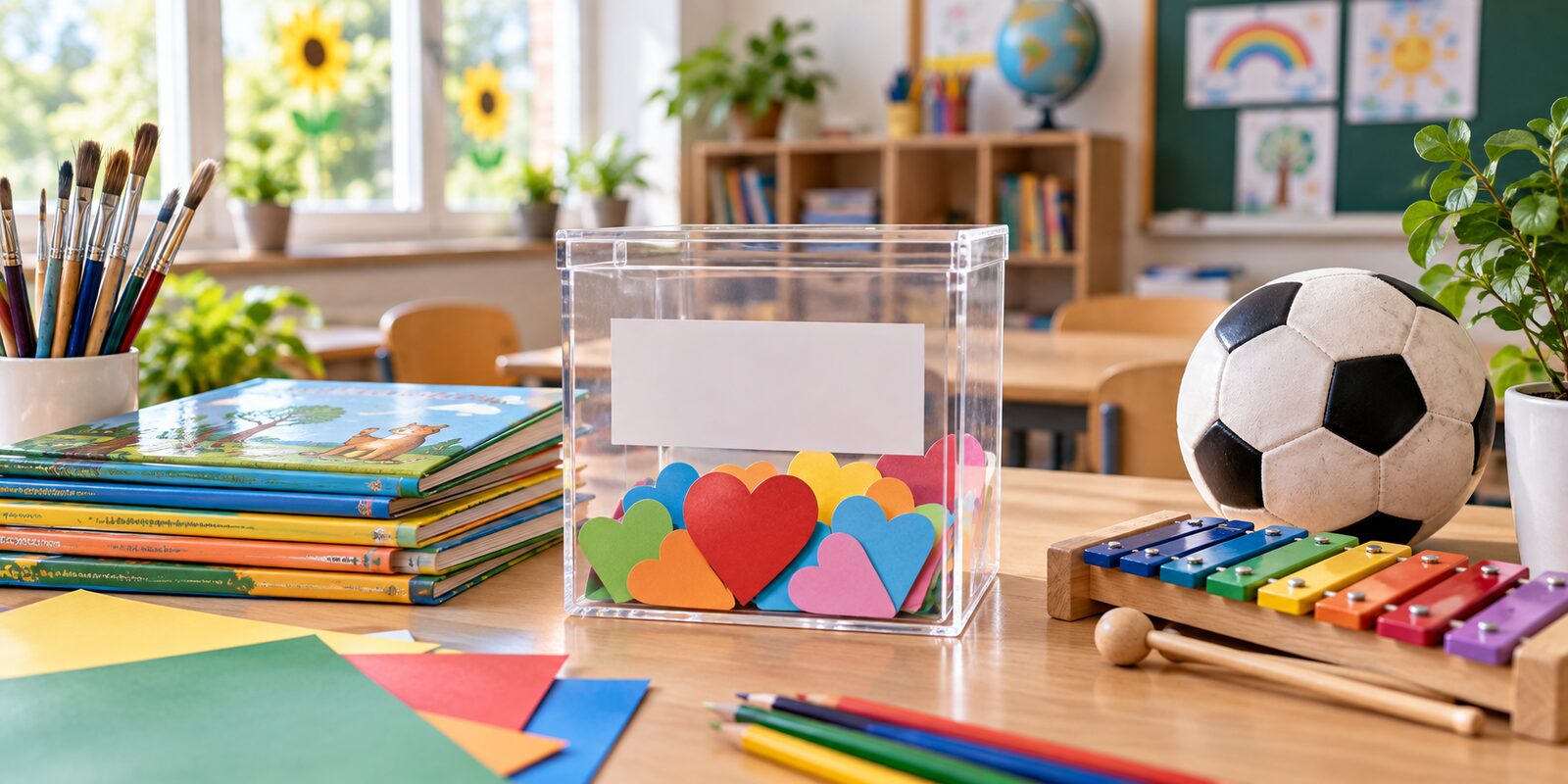 Spendenbox und Lernmaterialien für die Unterstützung der Schule