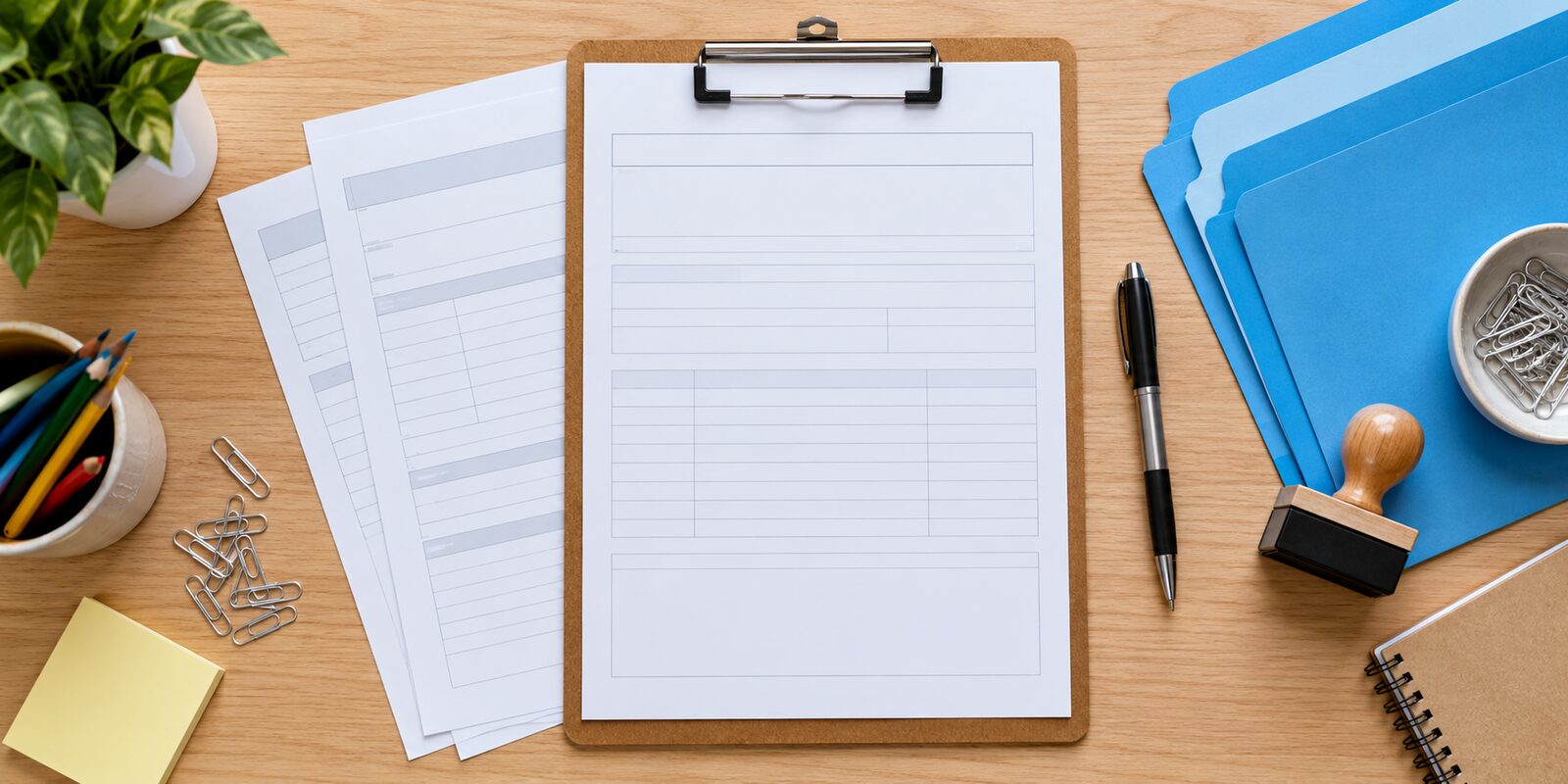 Geordnete Formulare, Klemmbrett und Stift auf einem Schreibtisch