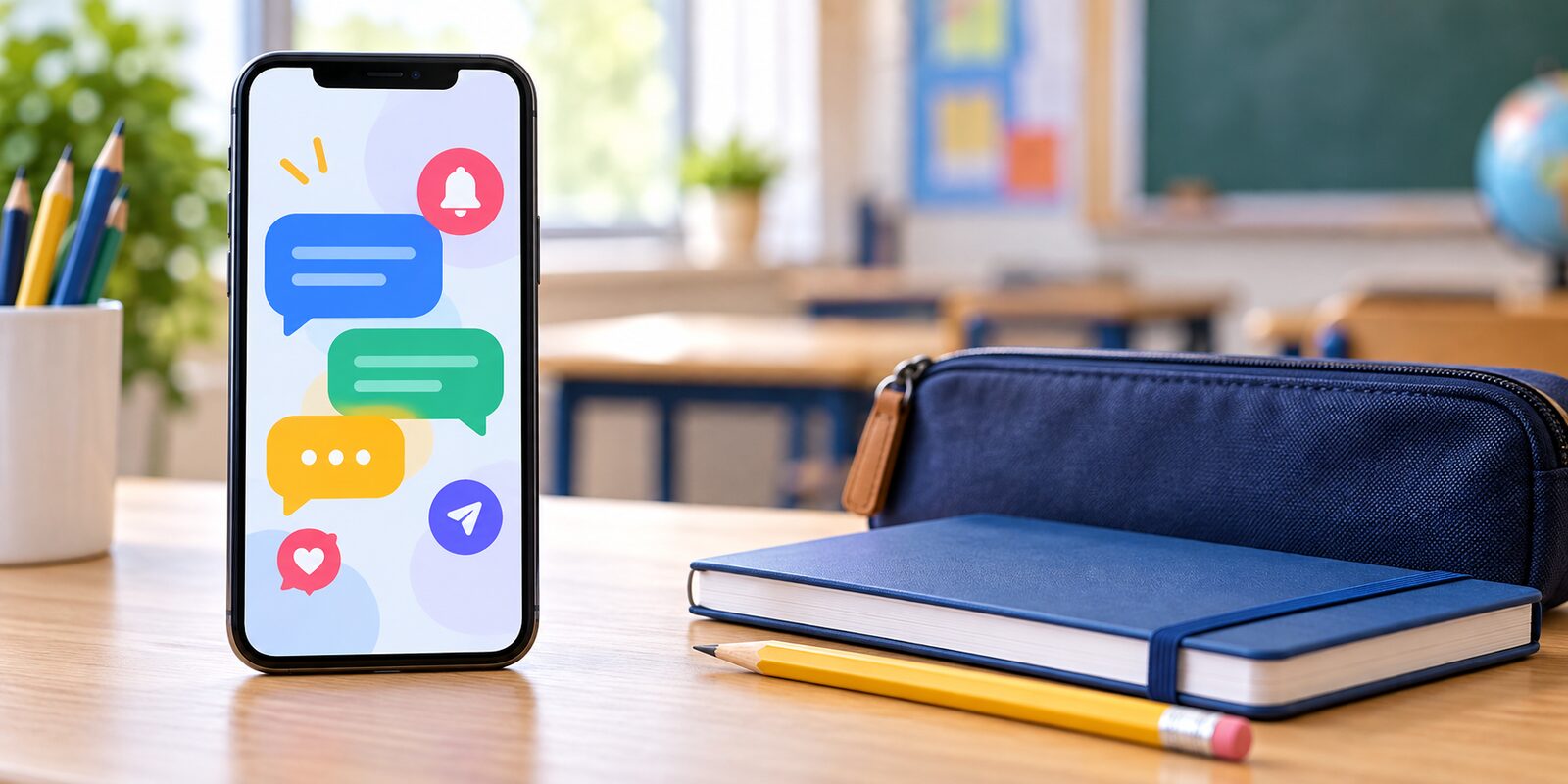 Smartphone mit Nachrichten-Symbolen neben Schulmaterialien