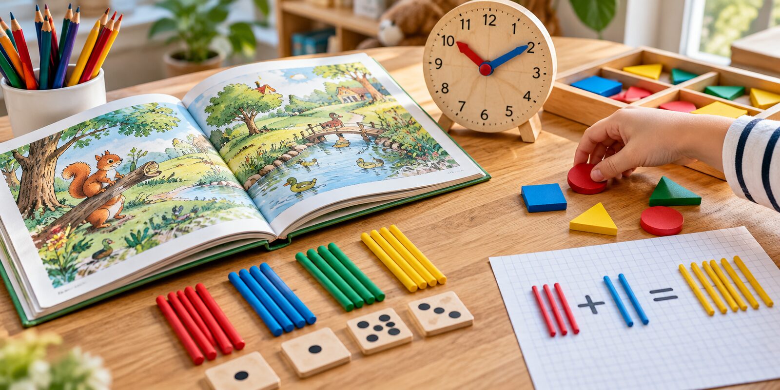 Bücher, Rechenmaterial und Lernuhr für das zweite Schuljahr