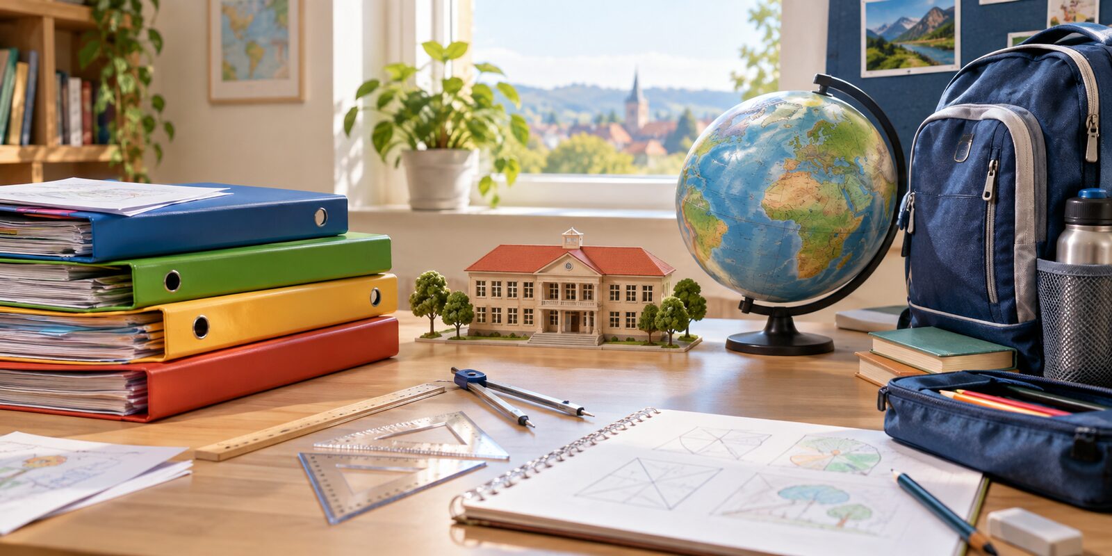 Schulmaterialien und Globus für den Übergang nach Klasse vier