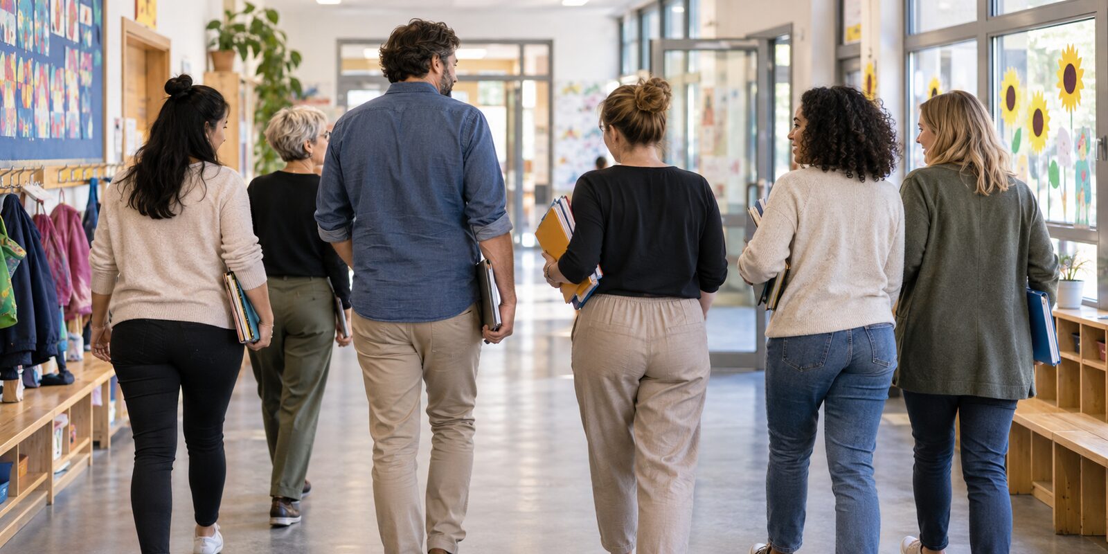 Team der Grundschule auf einem hellen Schulflur